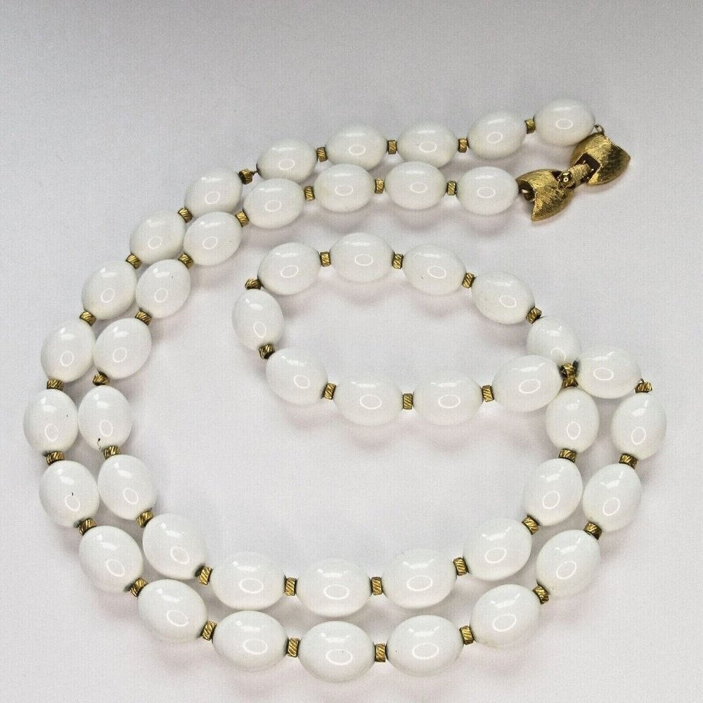 Vintage Monet Necklace Oval White And Gold Tone Beads Strung on 30" Chain